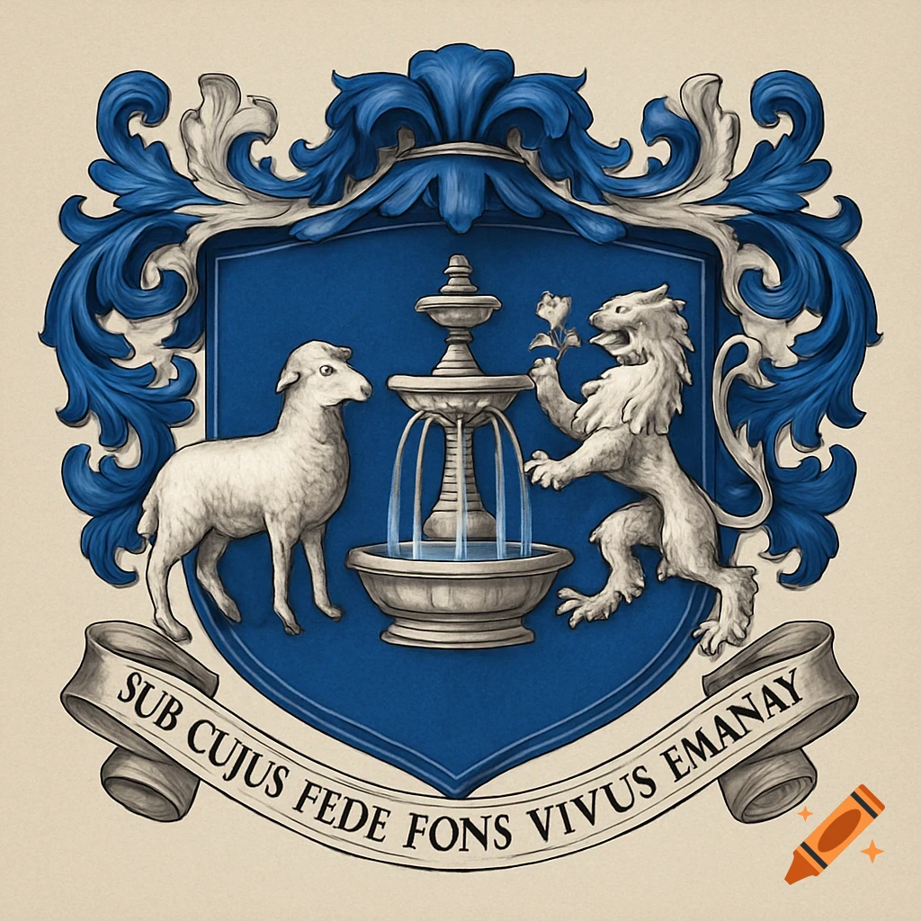 A heraldic coat of arms with a blue shield, a white lamb, a silver lion holding a rose, a stone fountain, and a banner with Latin text.
