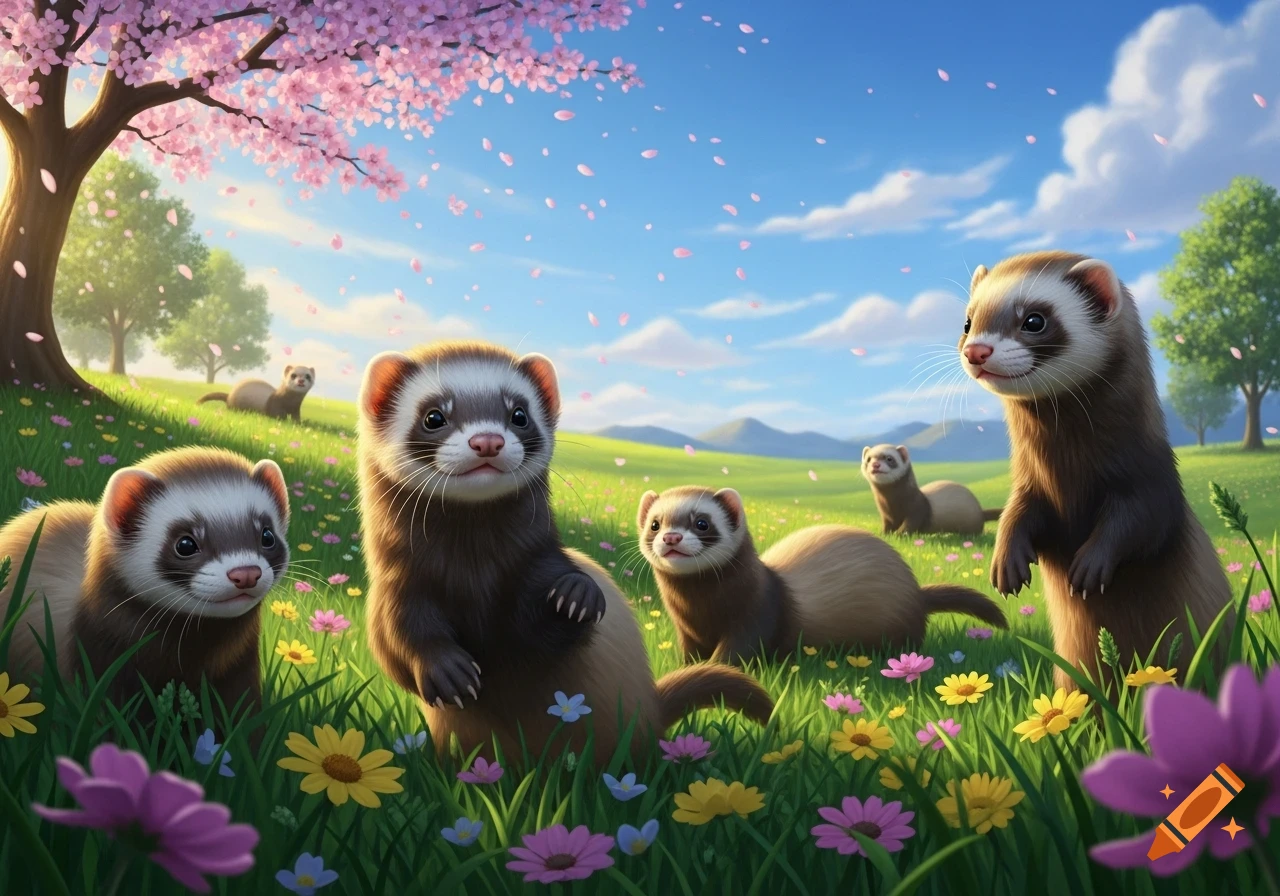 Several ferrets in a vibrant spring meadow with colorful wildflowers and falling pink cherry blossoms under a blue sky.