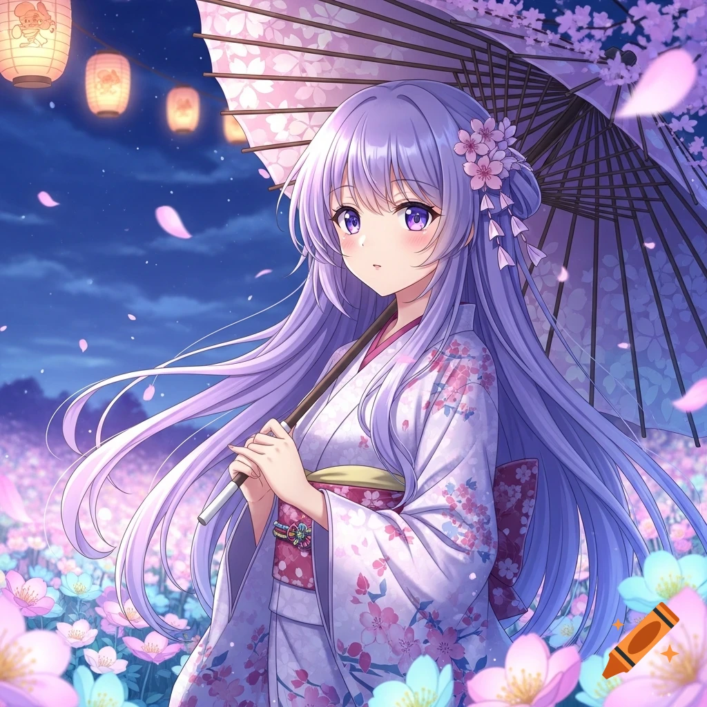 An anime girl with long purple hair and a pink floral kimono holds an umbrella in a field of flowers under a night sky with glowing lanterns.
