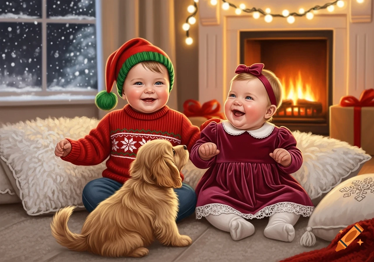 Smiling baby boy and girl in Christmas outfits with a golden puppy on the floor by a fireplace and snowy window.