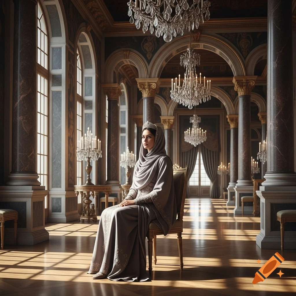 A queen in a grey veiled dress and tiara sits in a sunlit, grand palace hall with columns and chandeliers.
