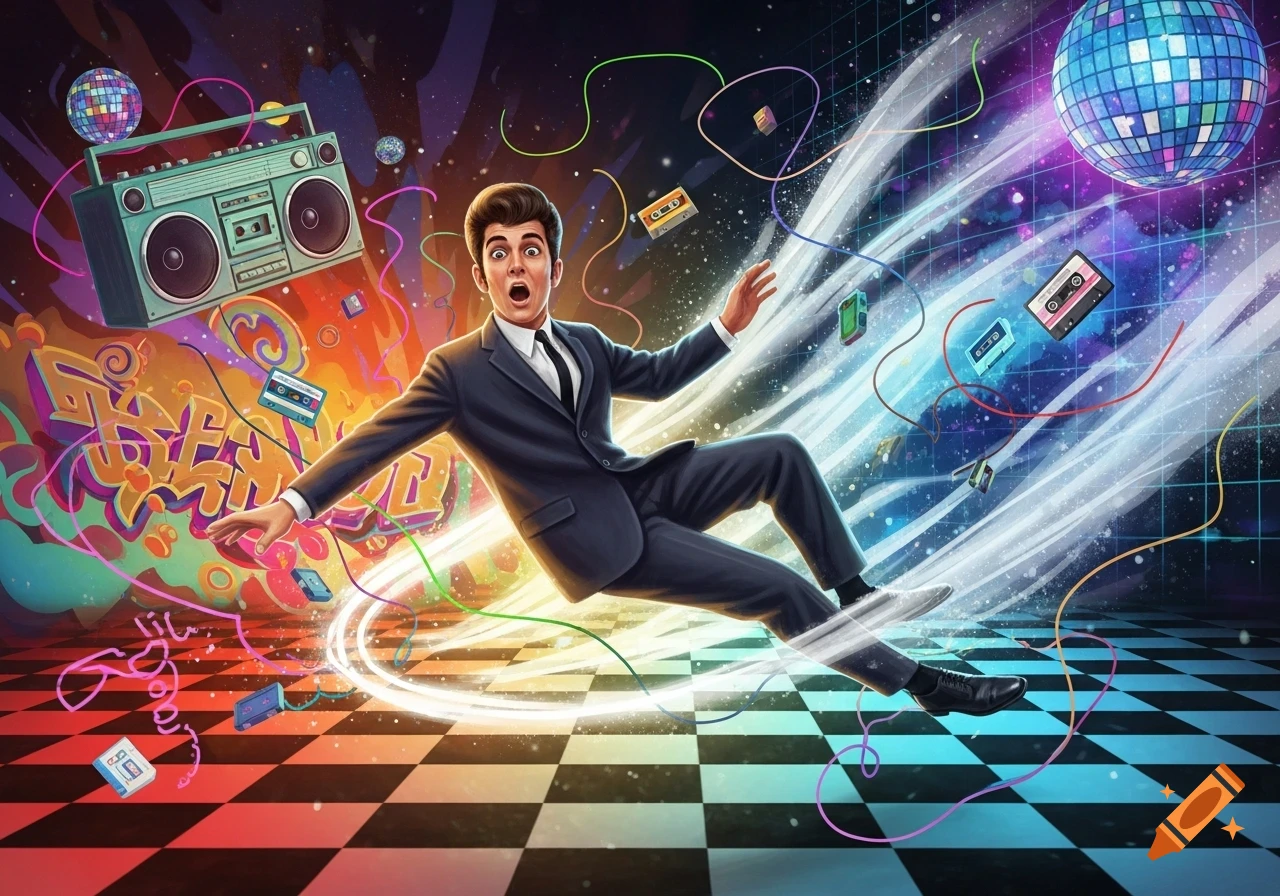 A man in a suit floats on a light wave in a vibrant, surreal 80s-themed illustration with a boombox, disco balls, and cassette tapes.