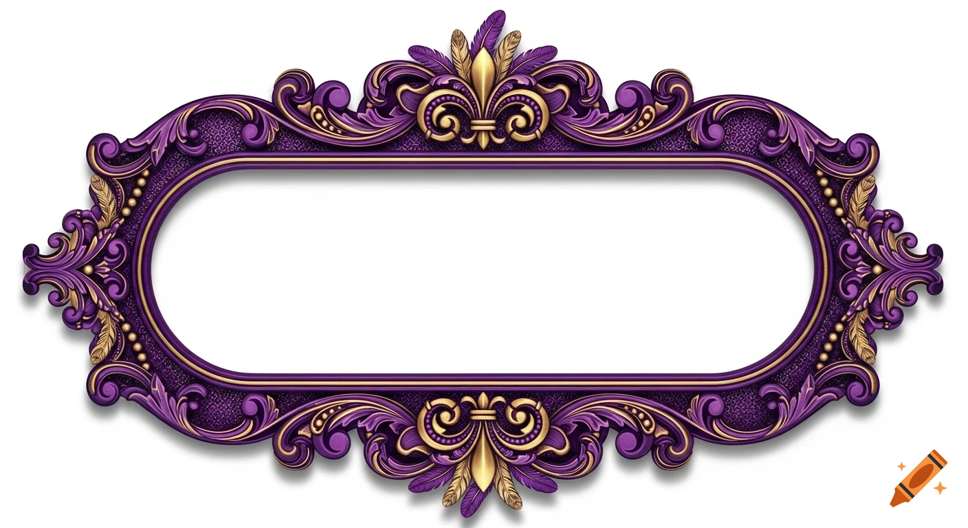 A highly ornate Victorian-style frame in royal purples and metallic golds, with Mardi Gras elements like feathers and fleur-de-lis, on a white background.