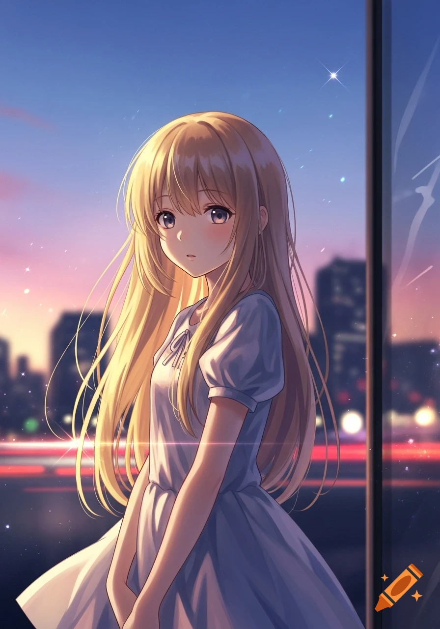 An anime girl with long blonde hair and a white dress stands against a blurred city skyline at sunset.