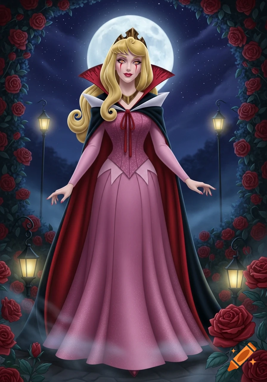 Vampire Princess Aurora with blonde hair, blood under her eyes, in a pink gown and a black and red cape, stands under a full moon amidst red roses.