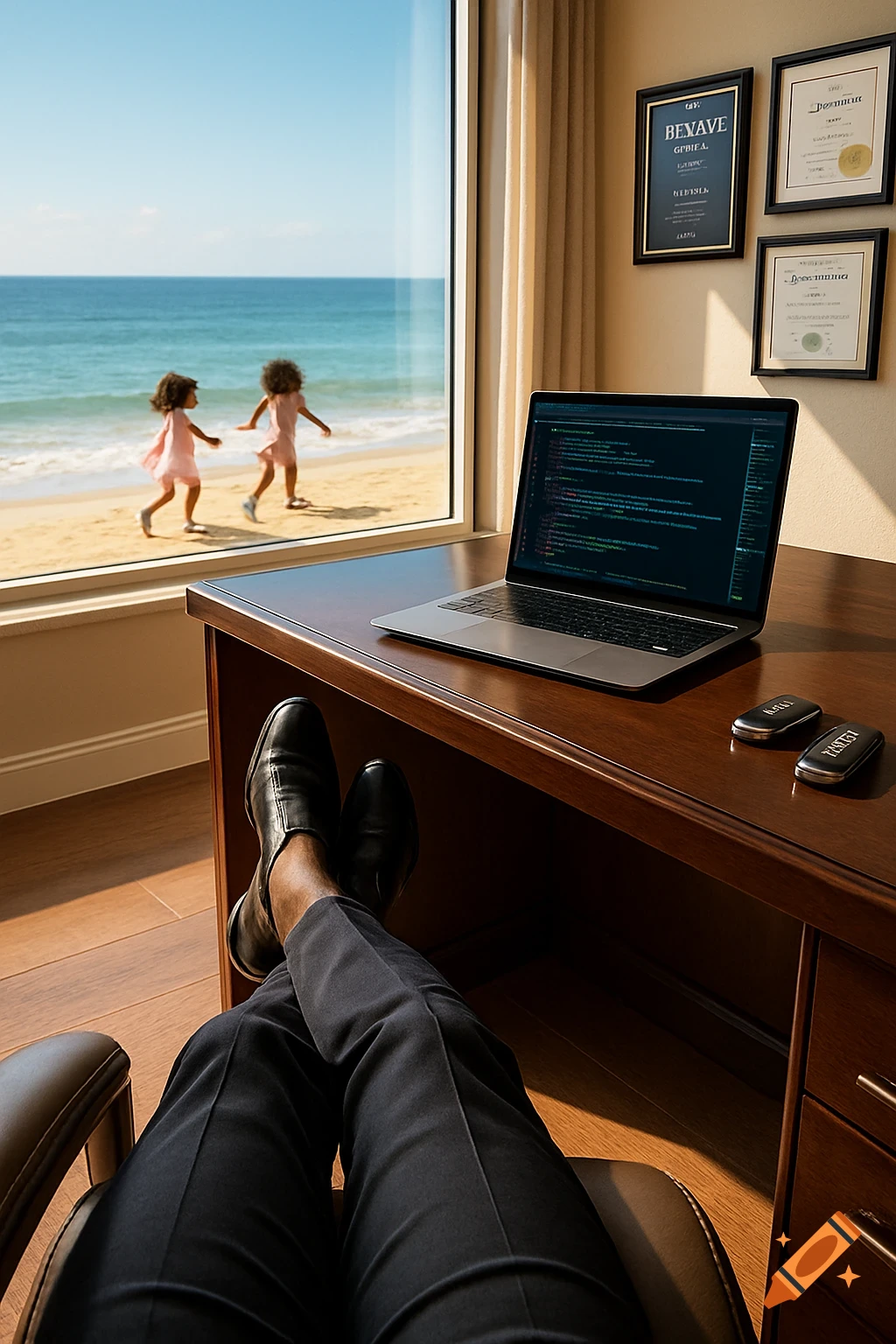First-person view of legs crossed at a desk with a laptop, overlooking a beach with two children playing.