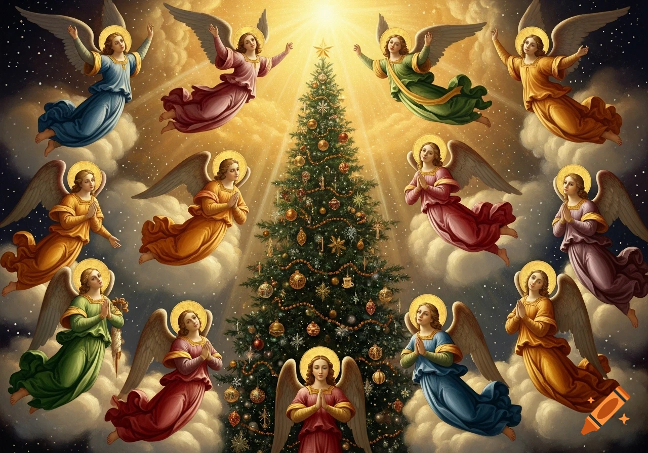A Renaissance-style painting depicts numerous angels with halos, robed in various colors, flying around a brightly lit, decorated Christmas tree against a starry, cloudy sky.