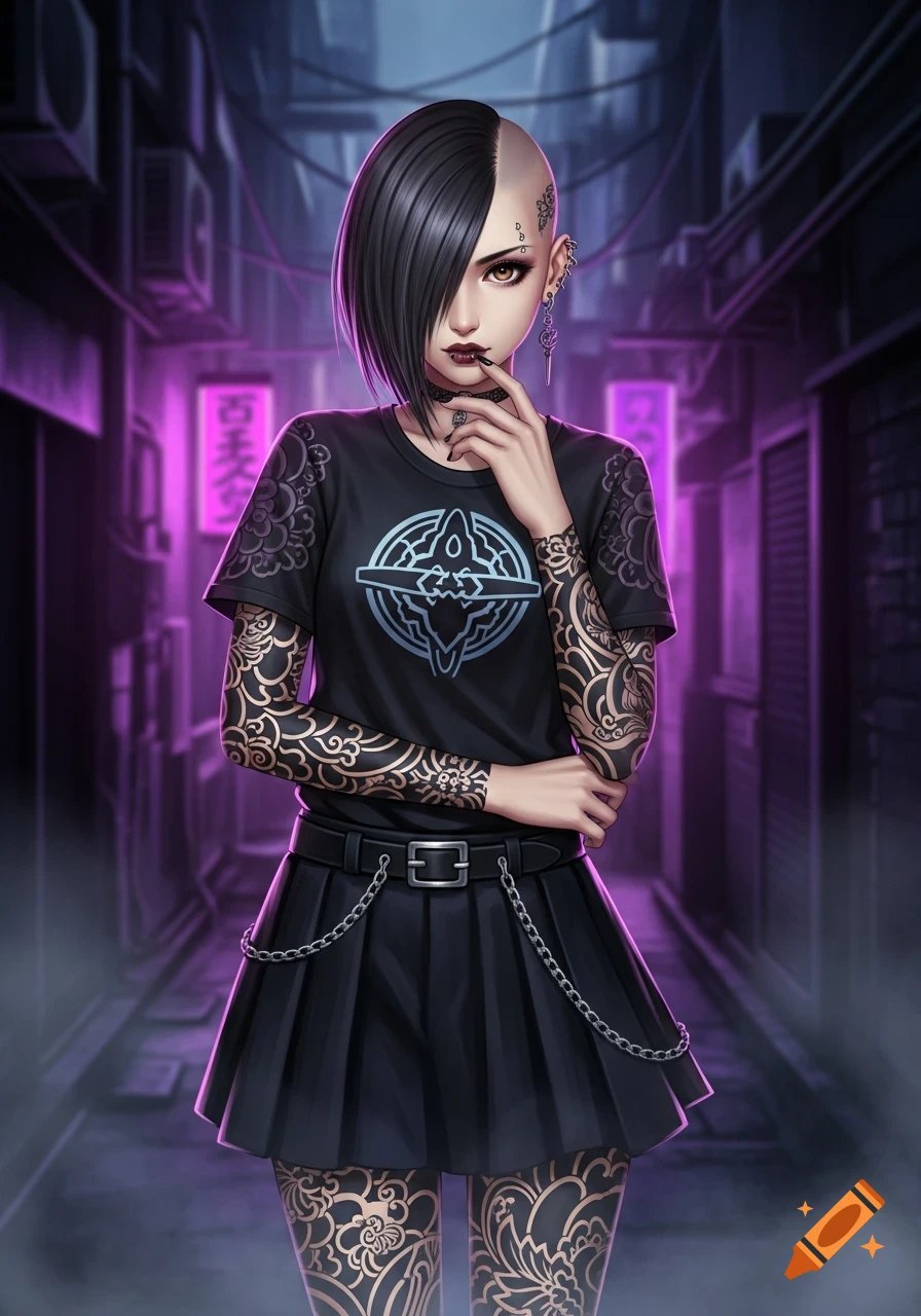 An anime-style goth woman with dark hair, tattoos, and piercings poses in a neon-lit Japanese alleyway.
