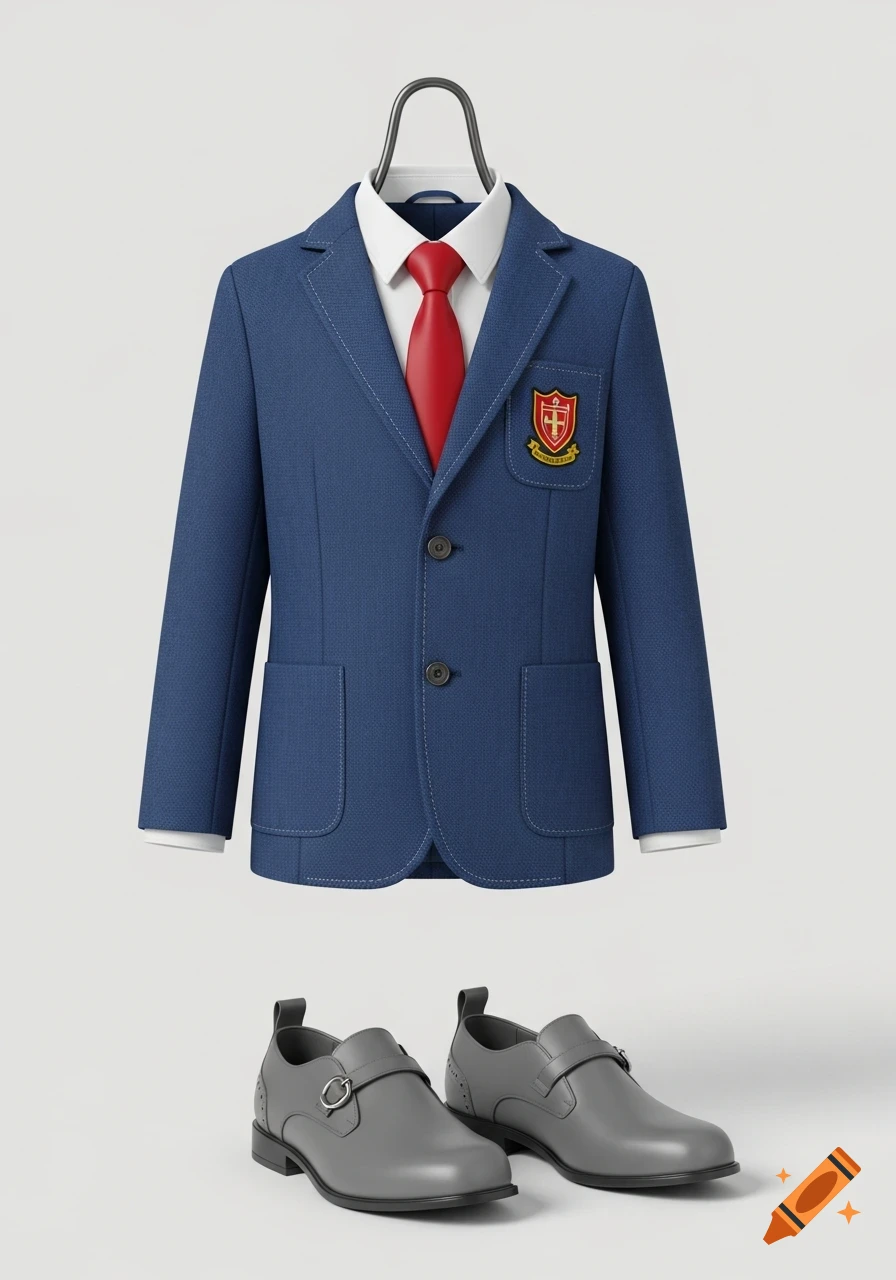 A blue school blazer with a red tie and a crest on a hanger, paired with gray monk strap shoes, on a white background.