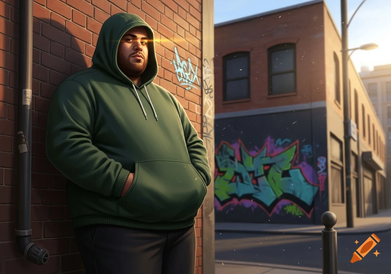 A man in a green hoodie stands against a brick wall with graffiti in an urban setting, bathed in sunlight.