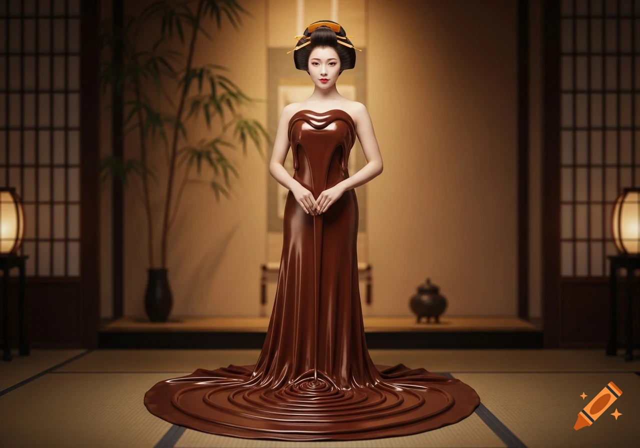 A Japanese woman in a traditional room wears a flowing, shimmering brown dress that resembles liquid chocolate pooling into ripples.