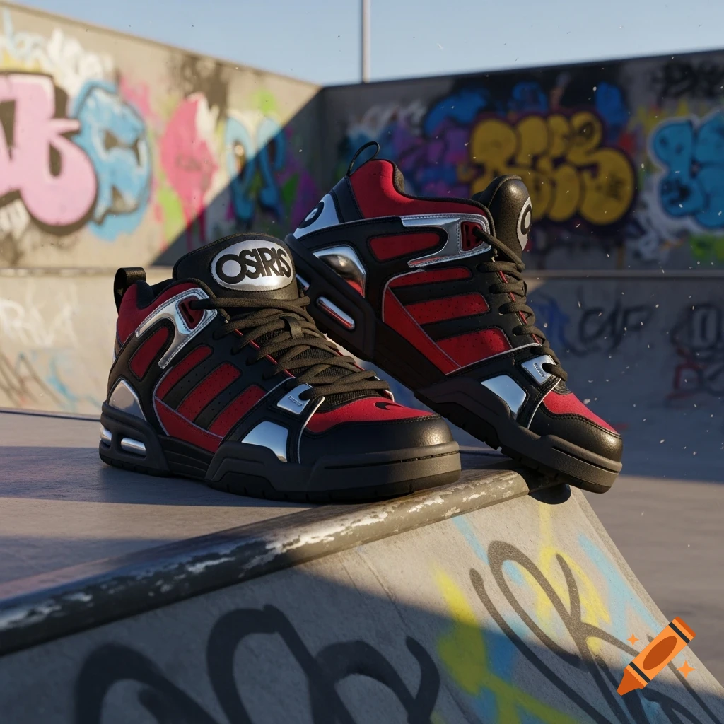 A pair of red, black, and silver Osiris skate shoes sits on a concrete ramp in a graffiti-covered skate park on a sunny day.