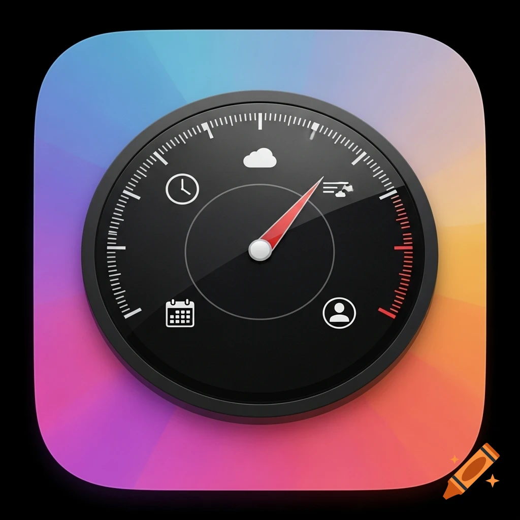 A colorful app icon featuring a central dark speedometer-like gauge with a red pointer, displaying symbols for a clock, cloud, calendar, and person.