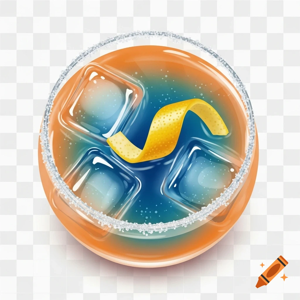 An overhead view of a vibrant orange and blue cocktail with ice cubes and a lemon peel garnish, on a transparent background.