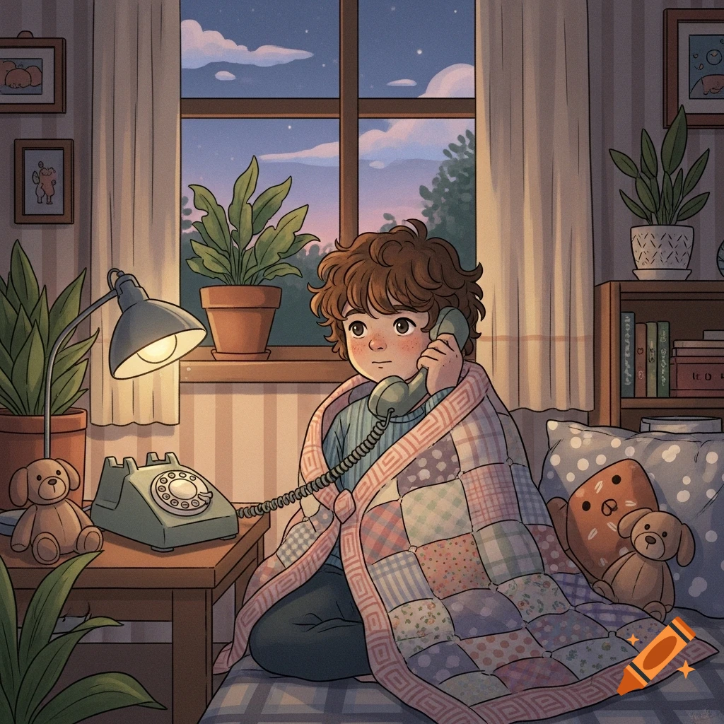 An illustration of a child with curly hair wrapped in a patchwork quilt, sitting on a bed and talking on a rotary phone by a window at dusk.