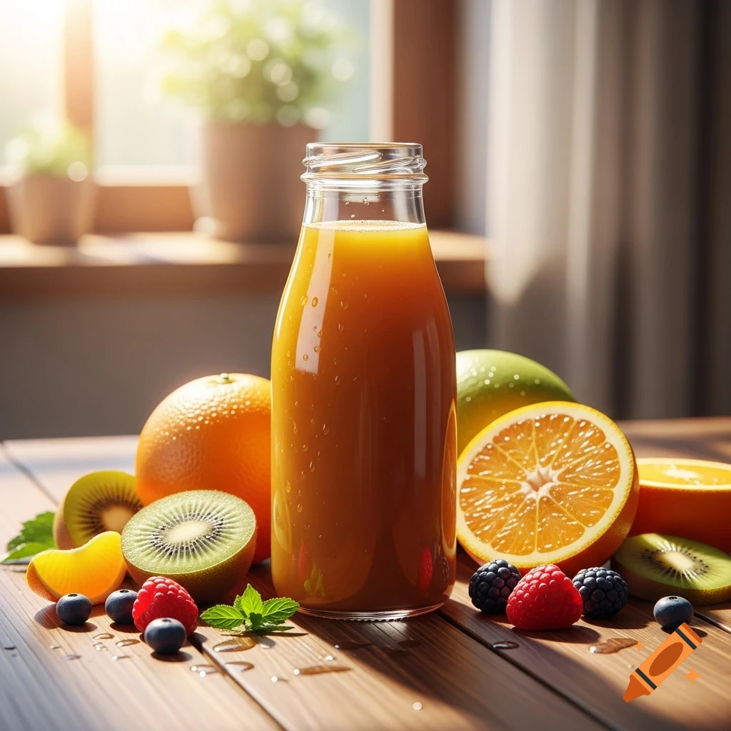 A photorealistic image of a bottle of orange juice surrounded by oranges, kiwis, raspberries, and blueberries on a wooden table.