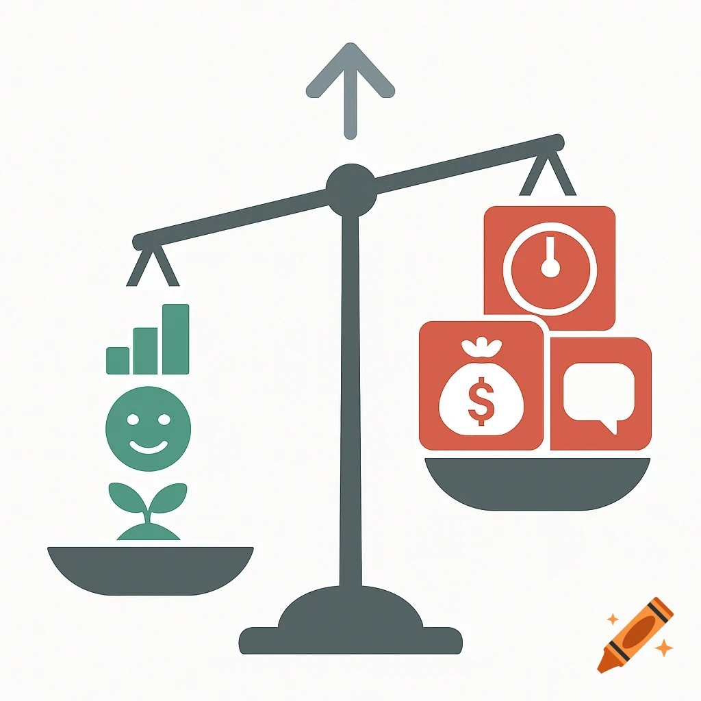 A flat-design illustration of a balance scale. The right side is heavier with red icons: a clock, money bag, and speech bubble. The left side is lighter with green icons: a bar chart, smiling face, and sprouting plant. An upward arrow hovers above.