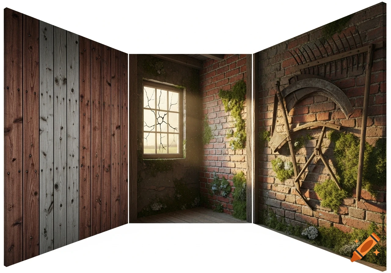 Photorealistic view of an old farm building interior, featuring a wooden wall, a window with cracked glass, and a brick wall with moss and rustic farm tools.