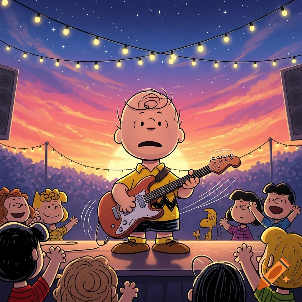 Charlie Brown plays an electric guitar on stage at an outdoor concert during sunset, with other Peanuts characters watching.
