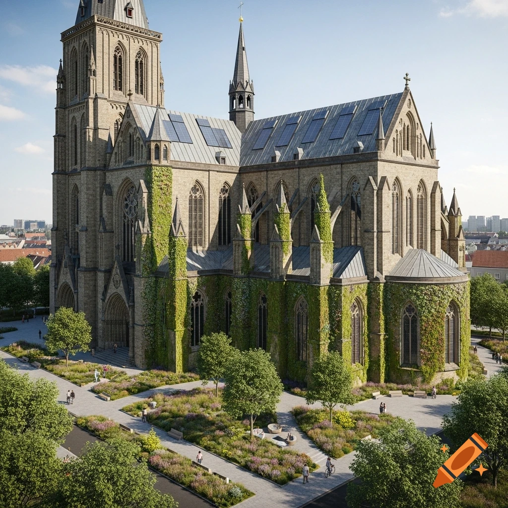 A photorealistic aerial view of St. Paul's Cathedral with green facades and solar panels, surrounded by urban gardens and pathways.
