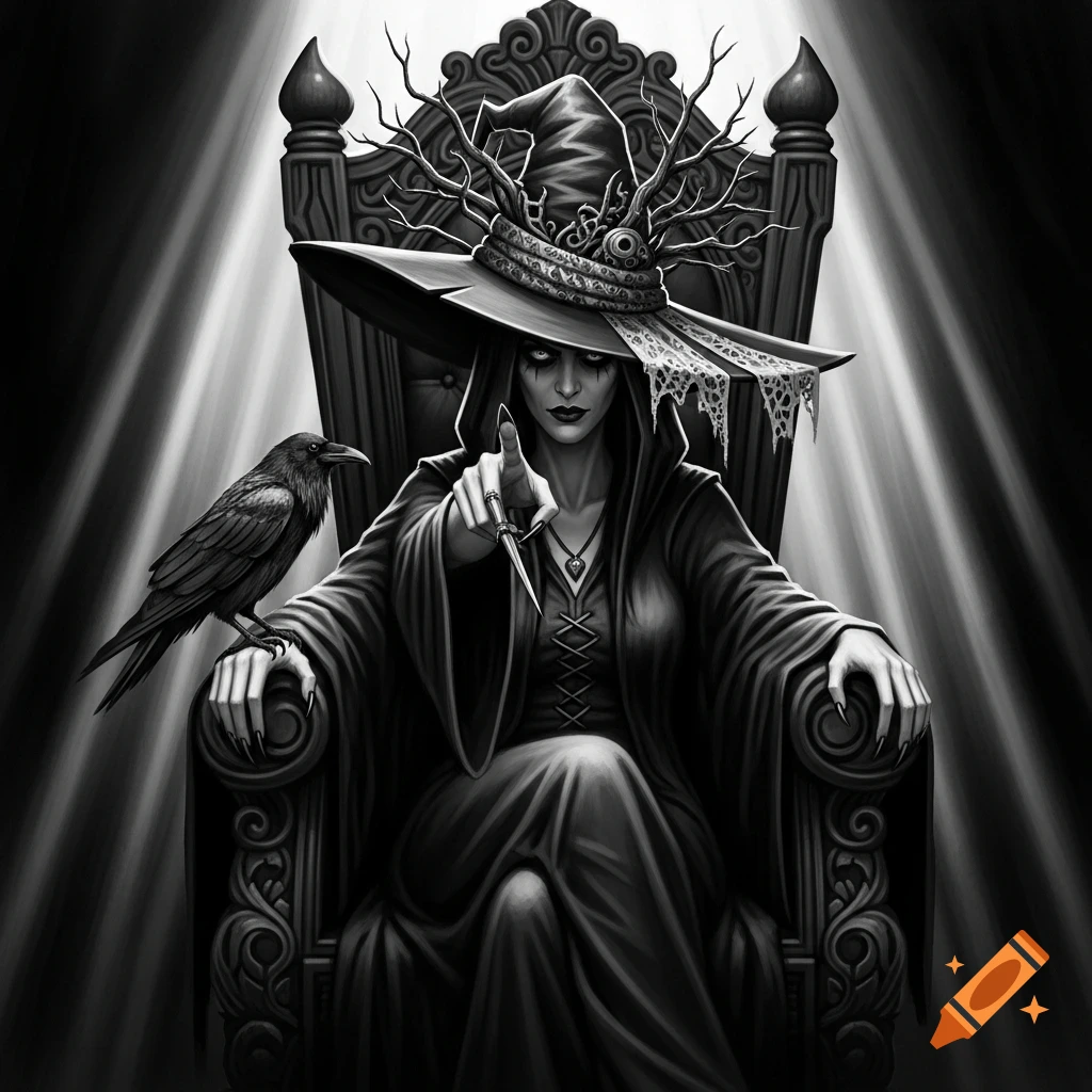 High contrast black and white drawing of a gothic witch with a pointed hat, sitting on a throne with a raven, pointing a long finger.
