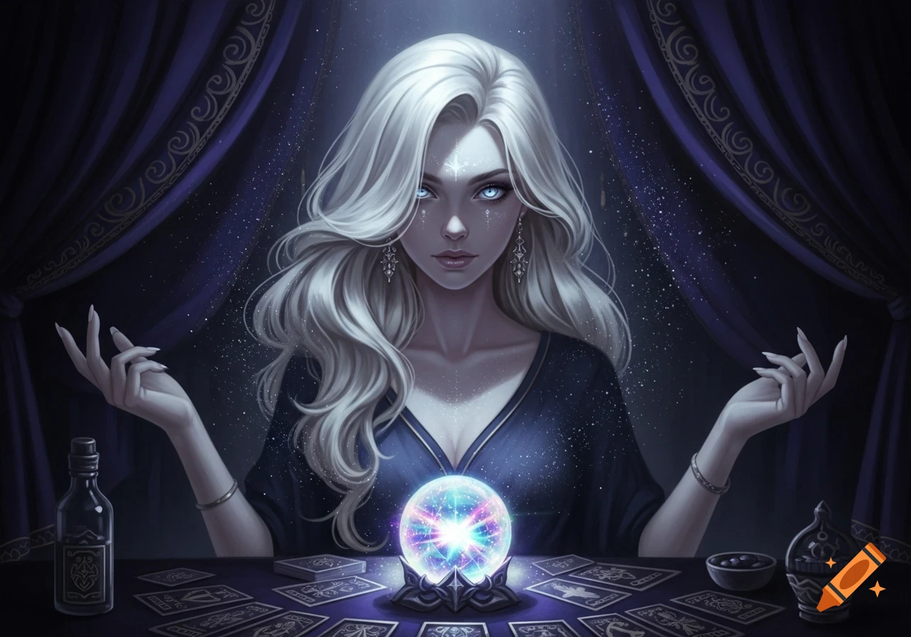 A stylized digital painting of a white-haired fortune teller with glowing blue eyes, seated behind a table with a glowing crystal ball and tarot cards.