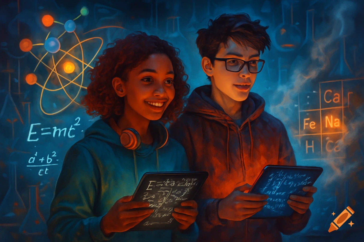 Two smiling teenagers, a girl and a boy, look at glowing tablets in a dark, science-themed room with formulas and atomic models on the walls.