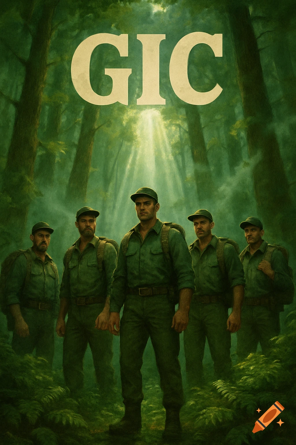 Five men in green uniforms and backpacks stand in a lush forest with sunbeams. The title 'GIC' is prominent above them in a poster art style.
