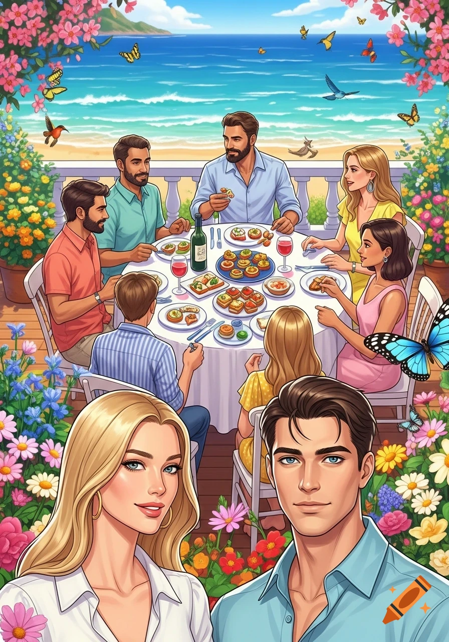 A stylized illustration of a group of friends and family dining al fresco on a balcony overlooking a bright blue ocean with flowers and butterflies.