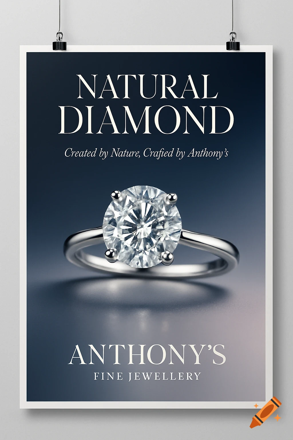 A poster features a sparkling round-cut diamond engagement ring on a silver band, against a dark blue background with "NATURAL DIAMOND" and "ANTHONY'S FINE JEWELLERY" text.