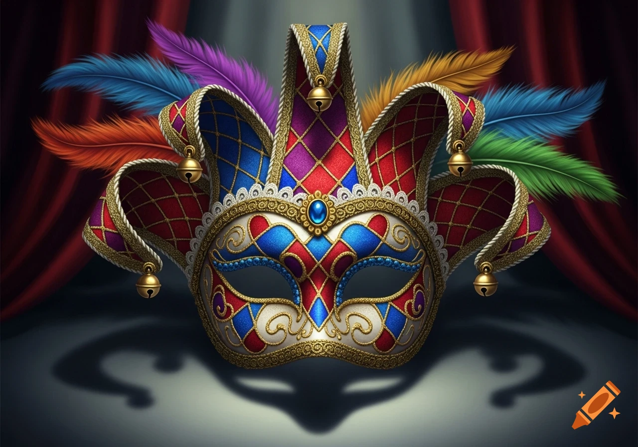 A detailed, colorful jester mask with feathers and bells, set against a dark red curtain.