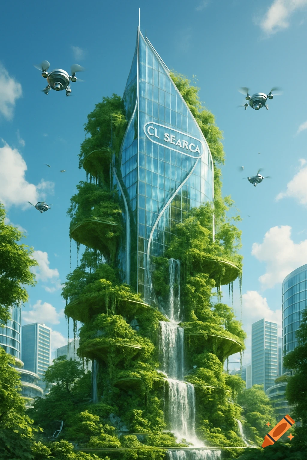 A futuristic, green skyscraper with waterfalls flowing down, surrounded by other city buildings, under a blue sky with drones flying.