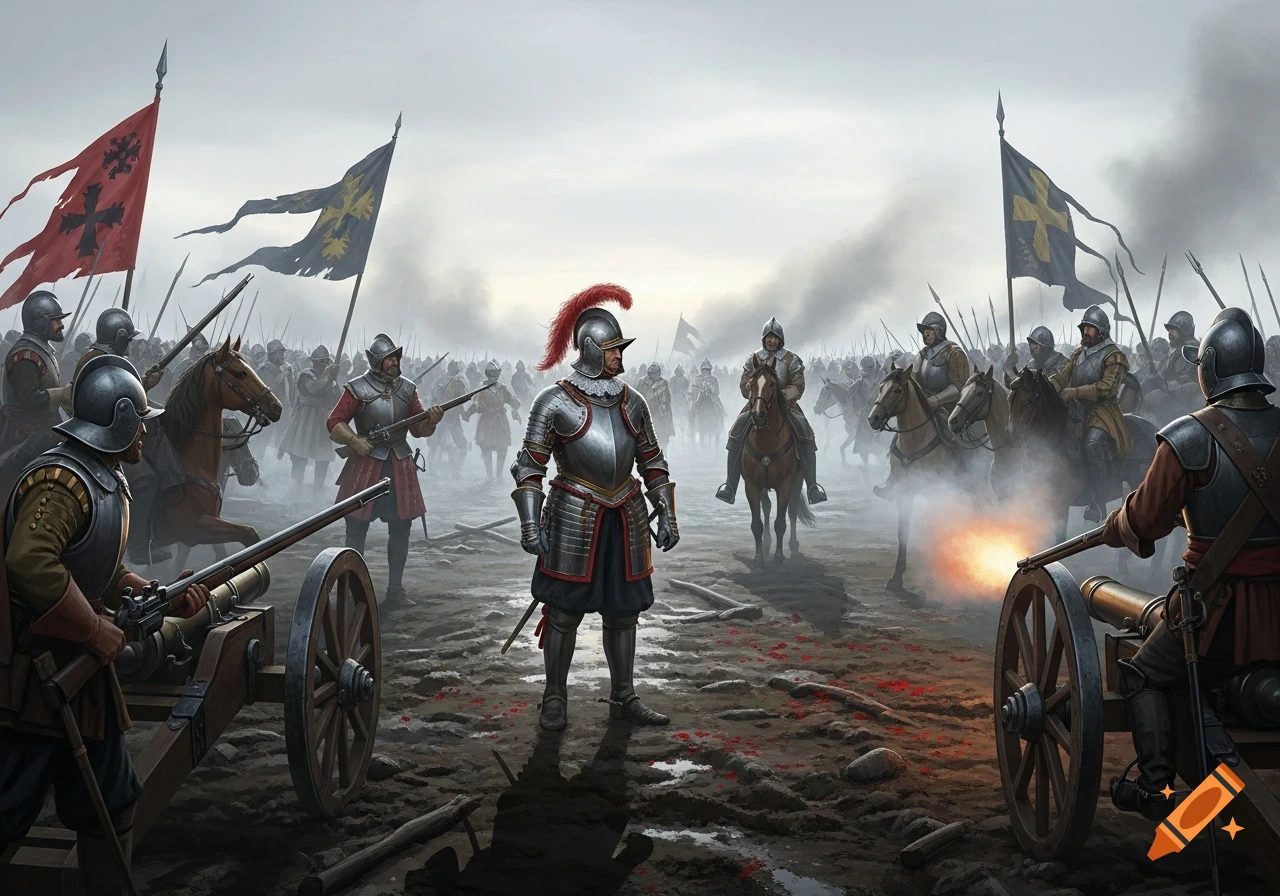 A historical battle scene with armored soldiers, horses, and cannons firing on a muddy field under a smoky sky.