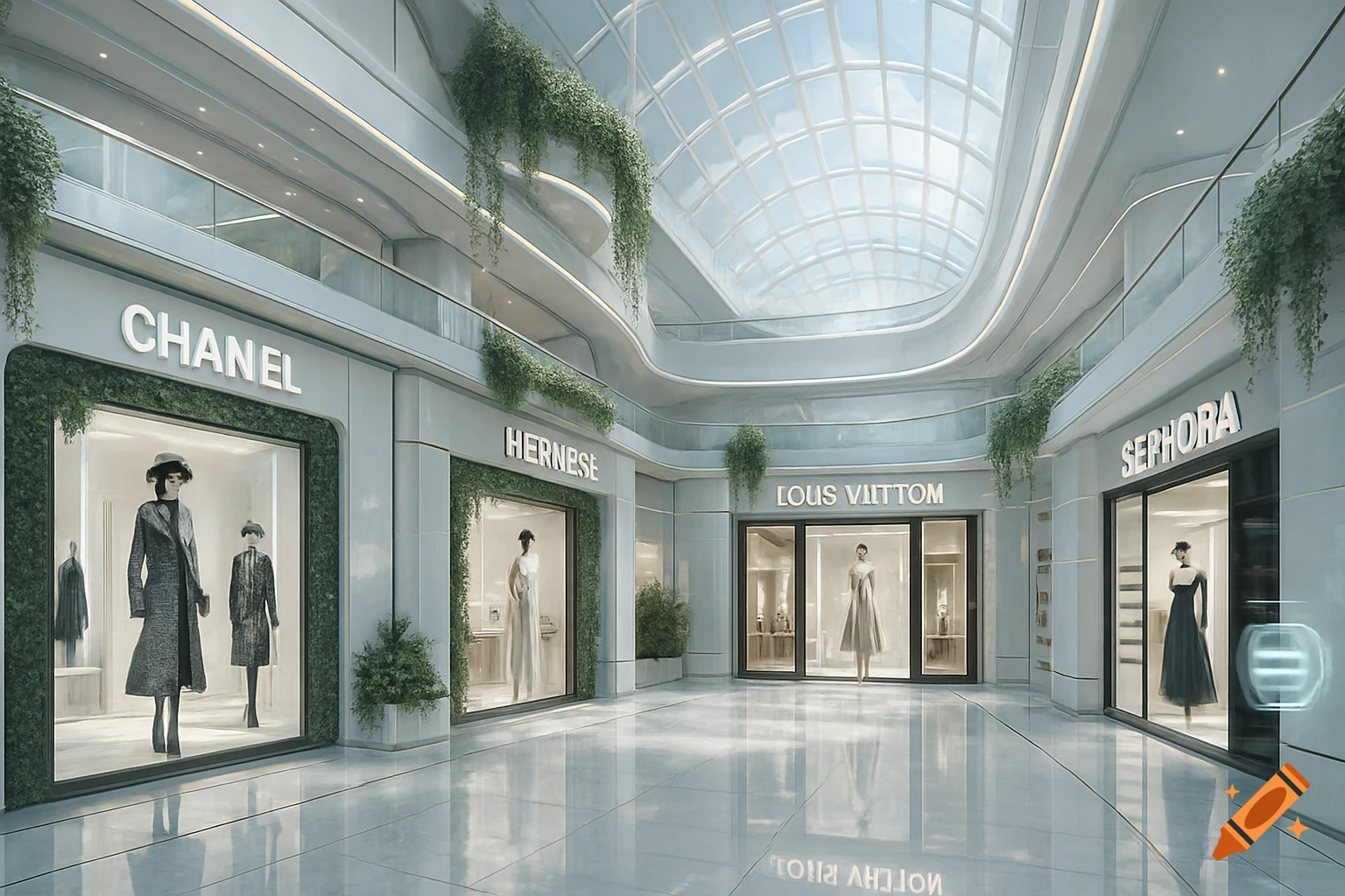 A bright, futuristic mall interior with luxury shops, green plants, and a glass ceiling. Mannequins are visible in store windows.