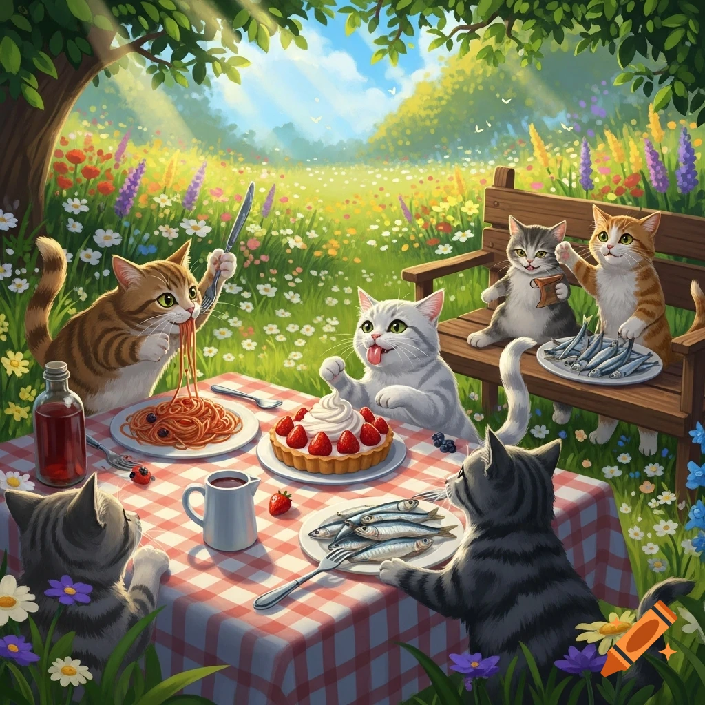 Cartoon cats enjoy a picnic in a sunny, flower-filled meadow, eating spaghetti, fish, and a strawberry tart.