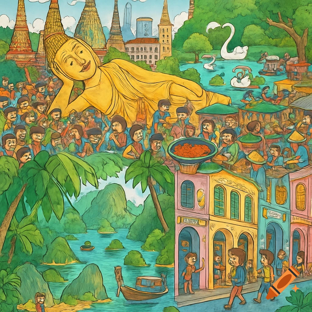 A busy, colorful, cartoon-style illustration of Thailand, featuring a giant reclining Buddha, market stalls, a river with boats, limestone cliffs, and shophouses filled with tiny people.