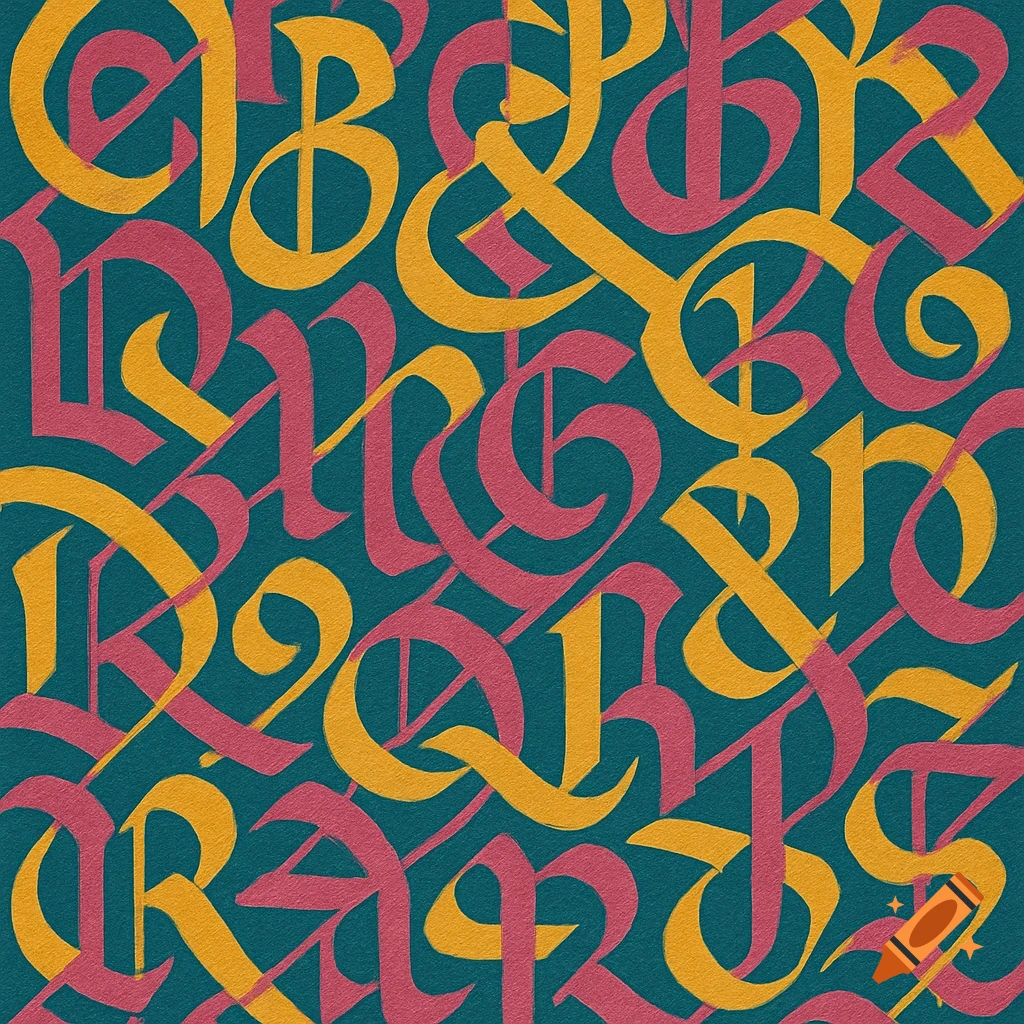 A tessellating pattern of abstract calligraphic letterforms in yellow and pink, overlapping on a textured dark teal background.