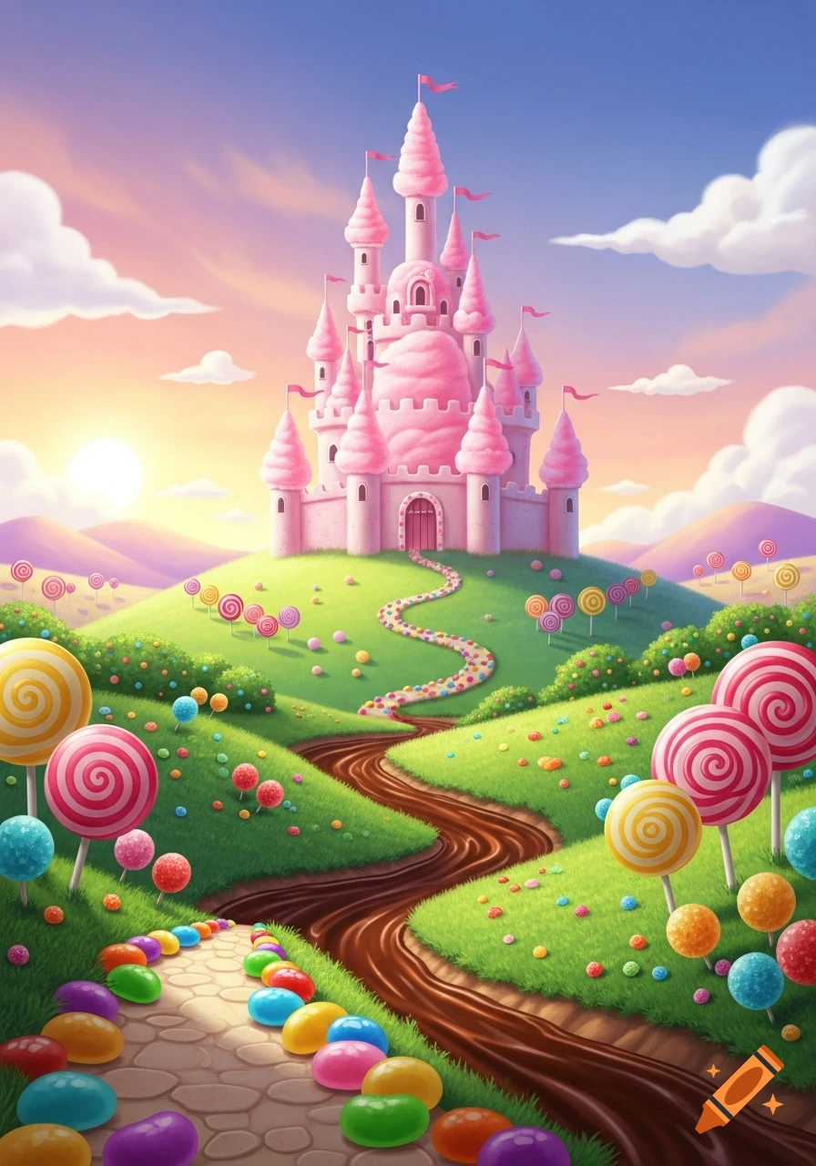 A vibrant pink cotton candy castle sits on a green hill in a whimsical candy land, with lollipop trees, chocolate rivers, and a jelly bean path.