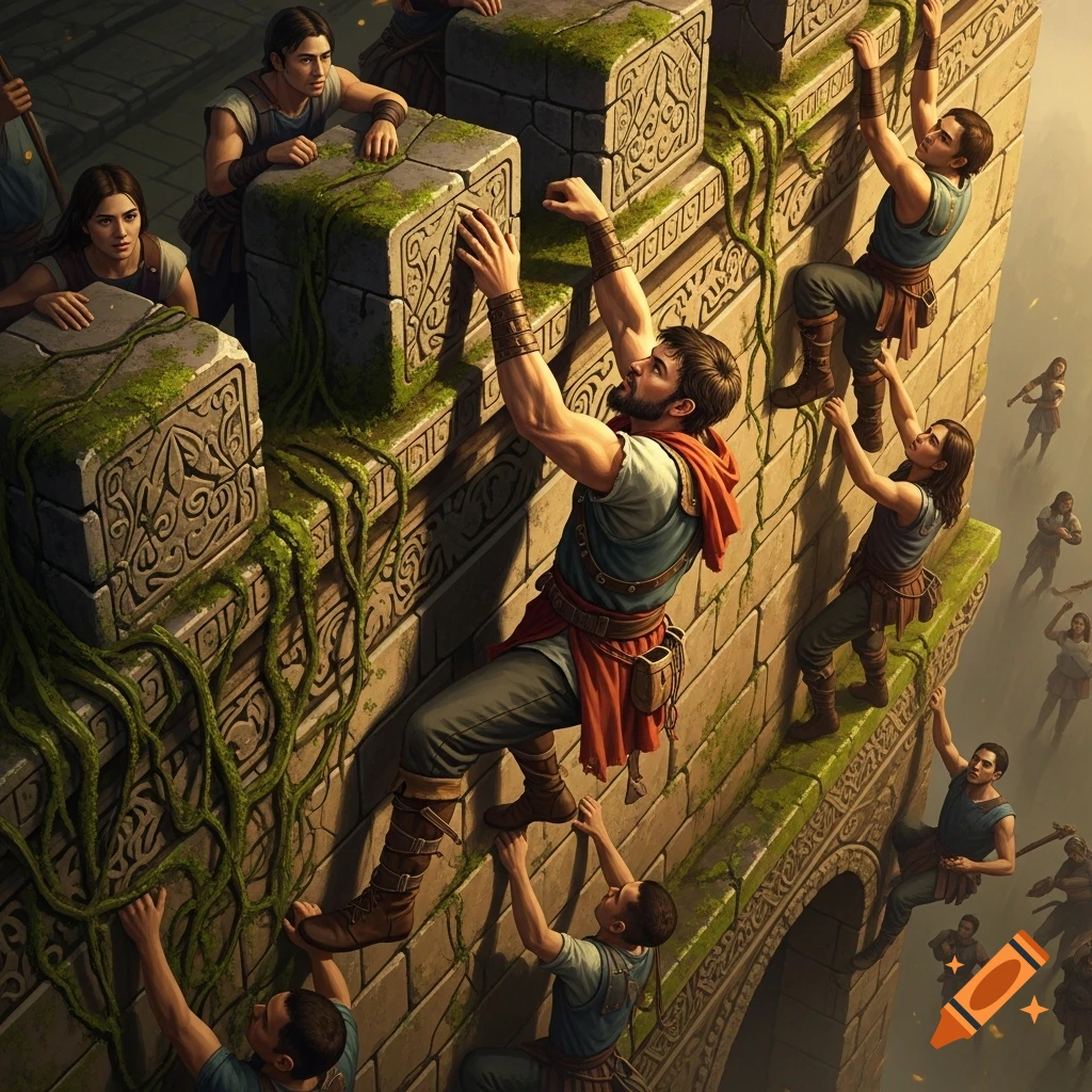Multiple figures in medieval attire meticulously climb a tall, moss-covered stone wall with carved details, rendered in a dramatic, detailed style.