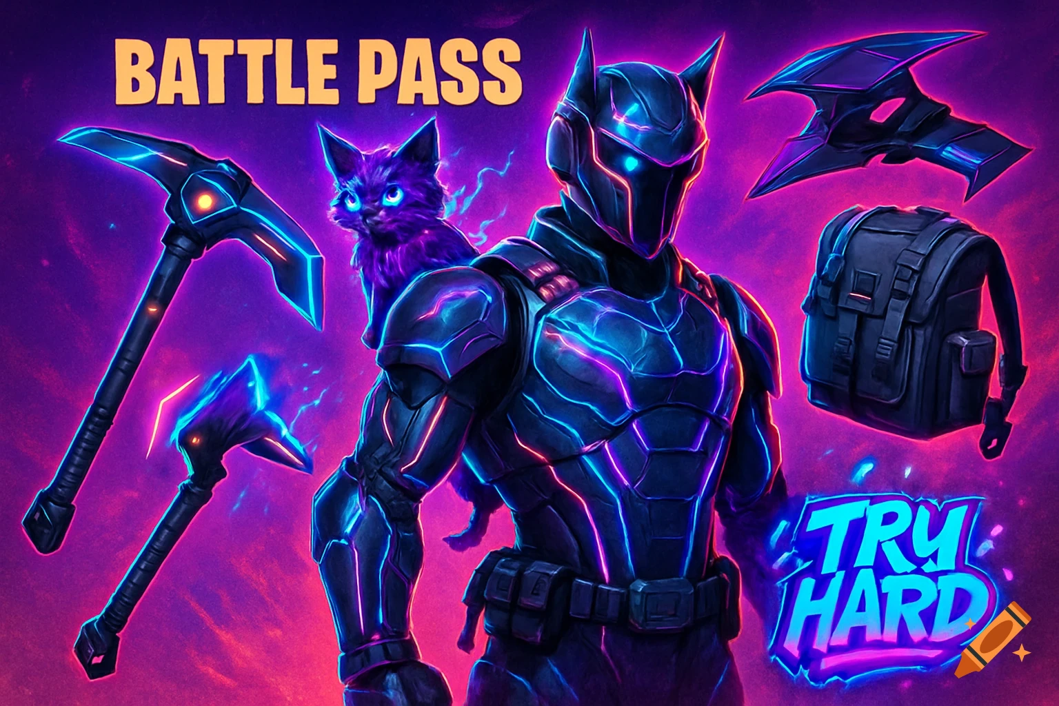 Fortnite-style futuristic armored character with a purple cat, glowing pickaxes, glider, and backpack against a neon background, with 'BATTLE PASS' and 'TRY HARD' text.
