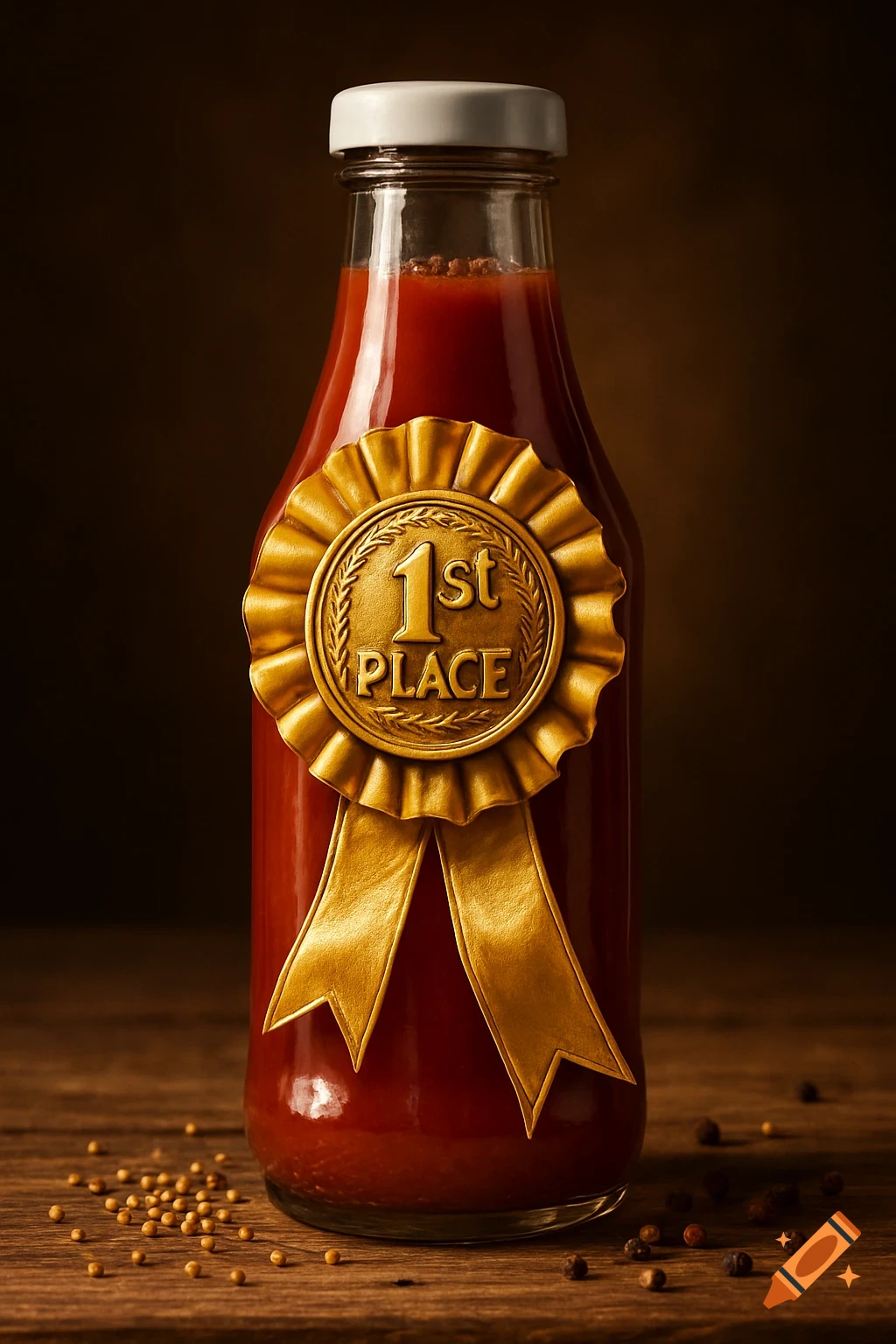A photorealistic image of a bottle of ketchup with a gold "1st PLACE" award ribbon on a wooden table, with scattered peppercorns.