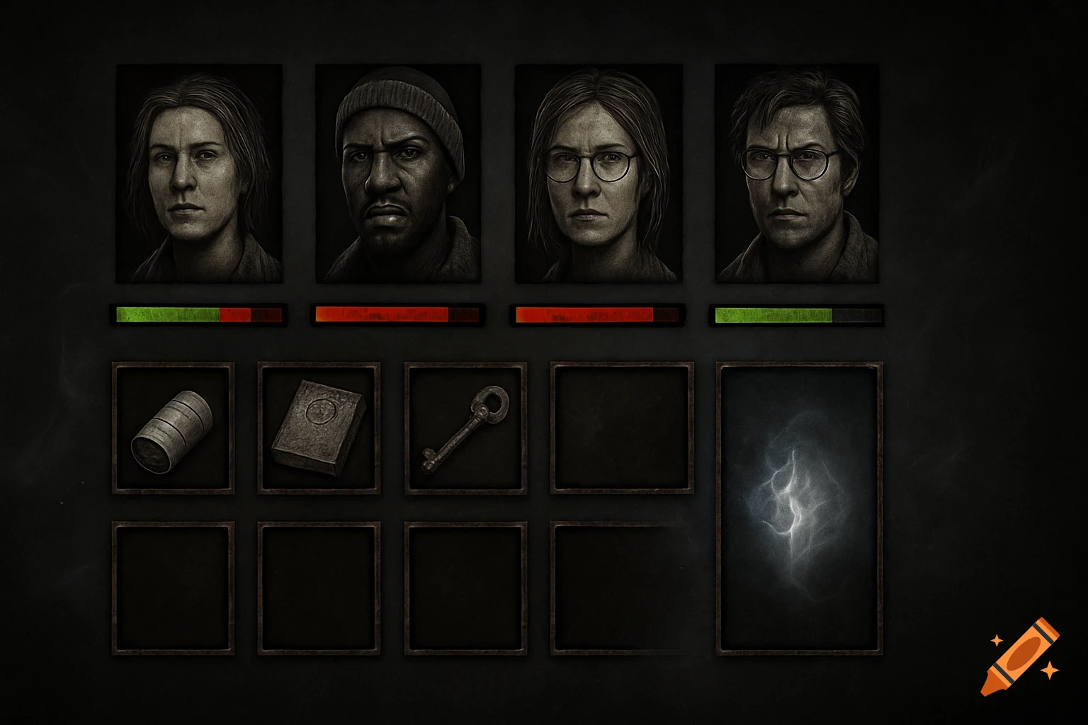A dark, gritty video game HUD displays four character portraits, health bars, three item slots with a cylinder, book, and key, and an ability slot.