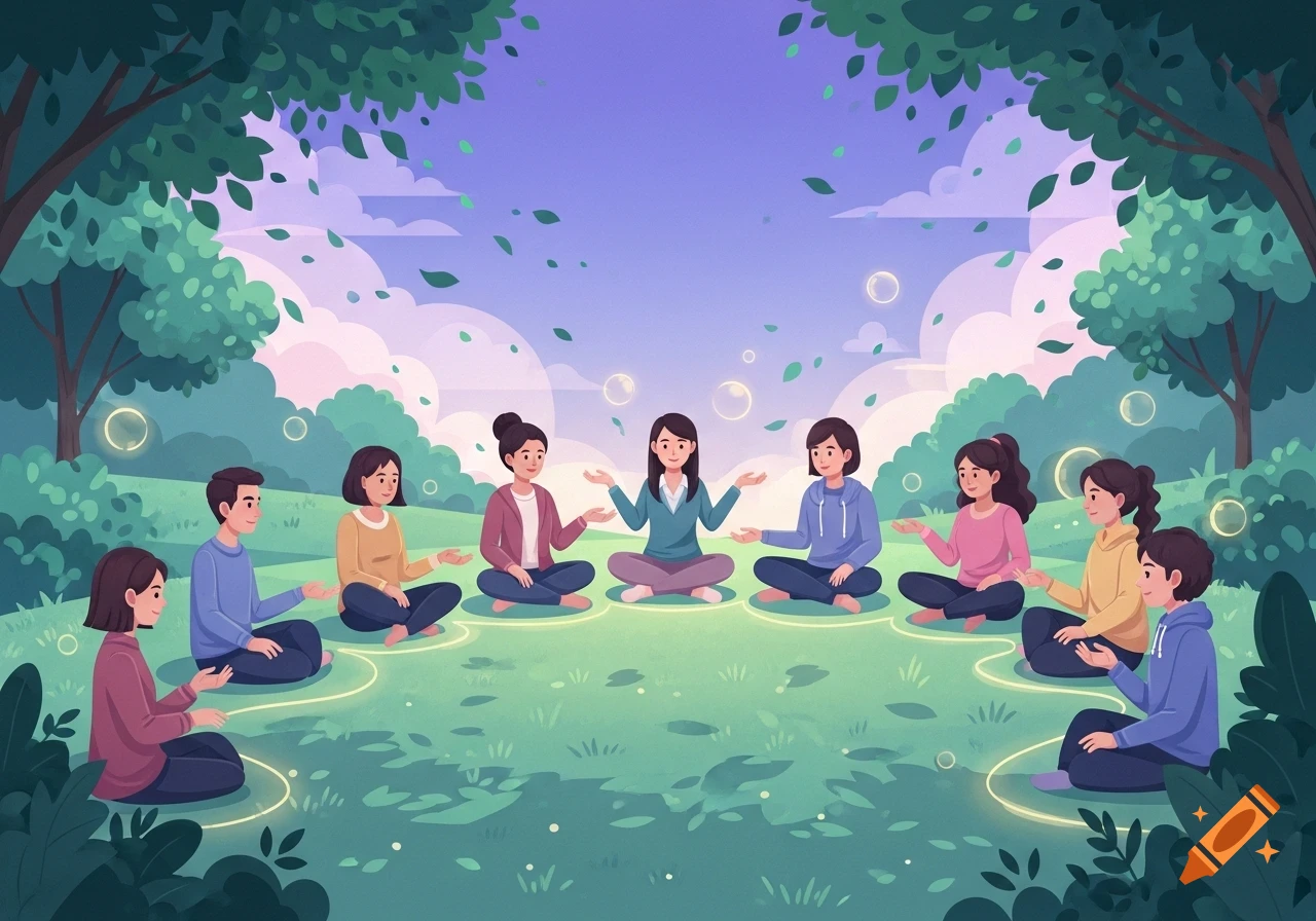 Illustration of diverse people sitting in a circle on green grass in a park, surrounded by trees and glowing bubbles.
