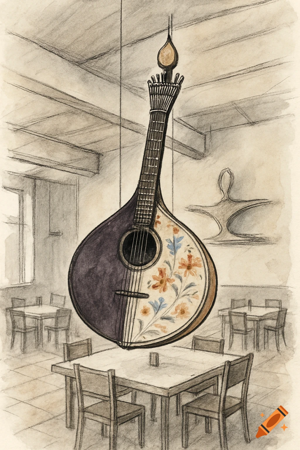 A large Coimbra fado guitar, half dark purple and half floral, hangs above minimalist tables in a watercolor urban sketch style.