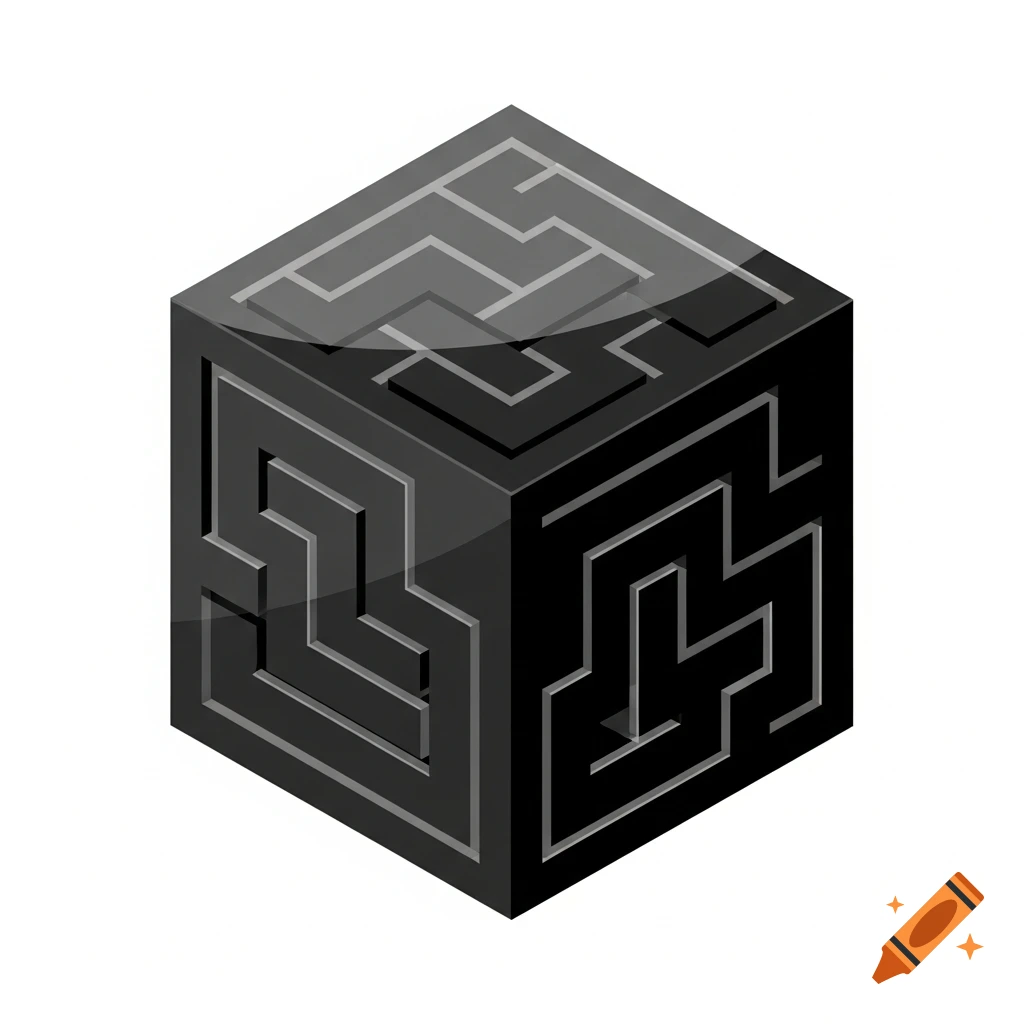 A dark gray isometric 3D cube with transparent maze paths carved into its three visible faces, on a white background.