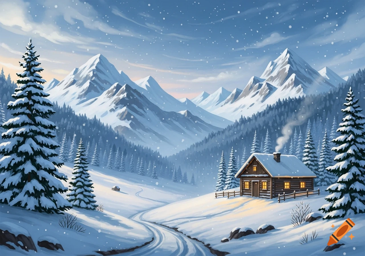 A cozy wooden cabin with glowing windows nestled in a snowy mountain landscape, surrounded by pine trees under a cloudy sky with falling snow.