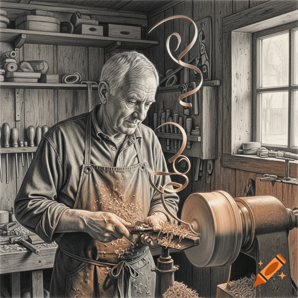An old man in a realistic drawing style, diligently turning wood on a lathe in a workshop, surrounded by wood shavings.