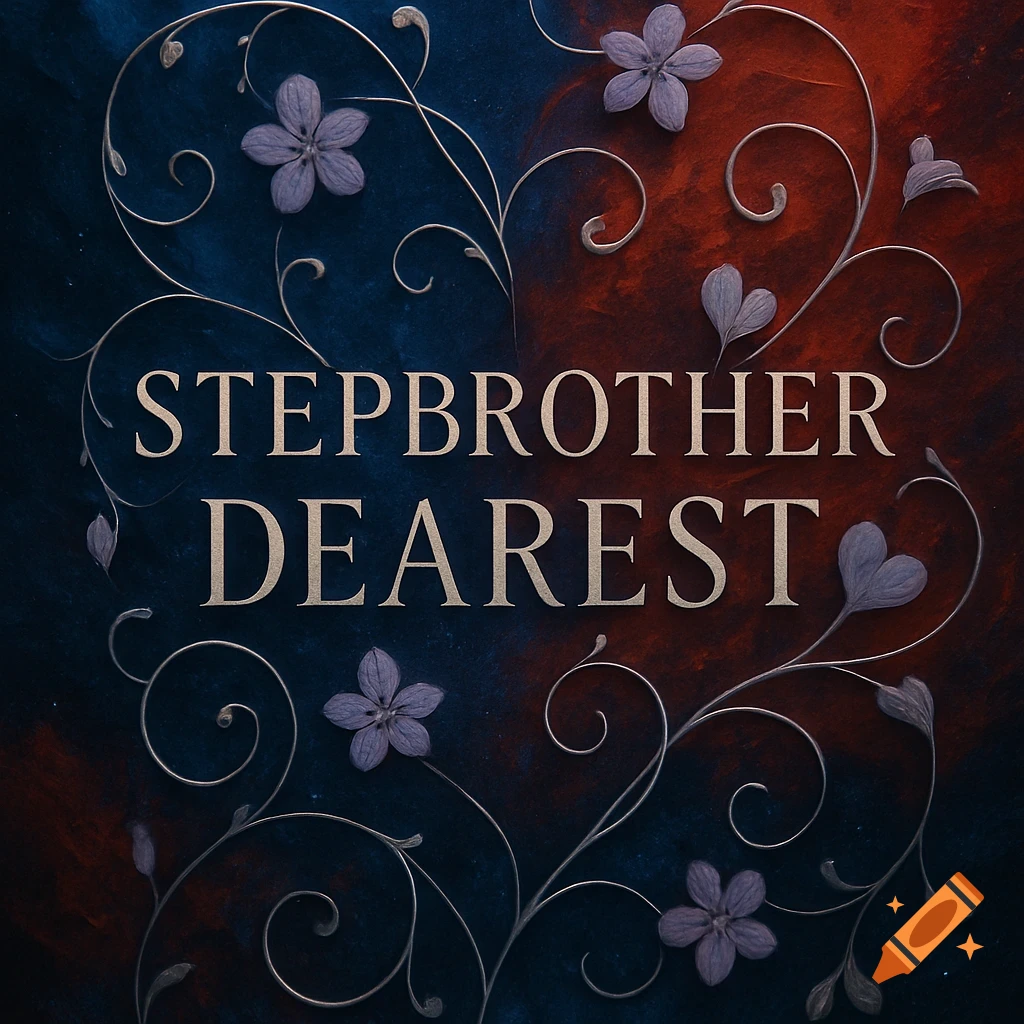 Book cover for 'STEPBROTHER DEAREST' with ornate silver vines and purple flowers on a textured blue and red background.