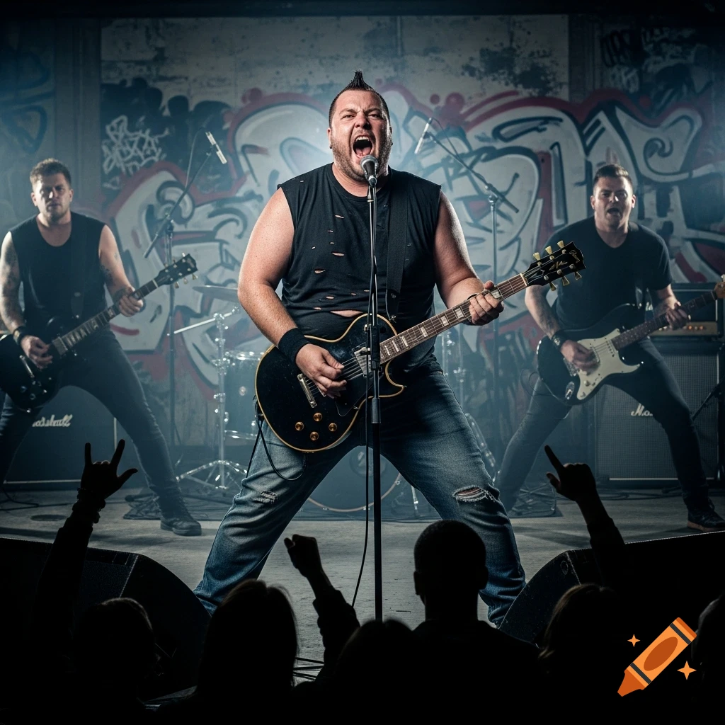 A punk band performs on stage with a screaming vocalist and guitarists in front of a graffiti-covered wall, silhouetted audience visible in the foreground.