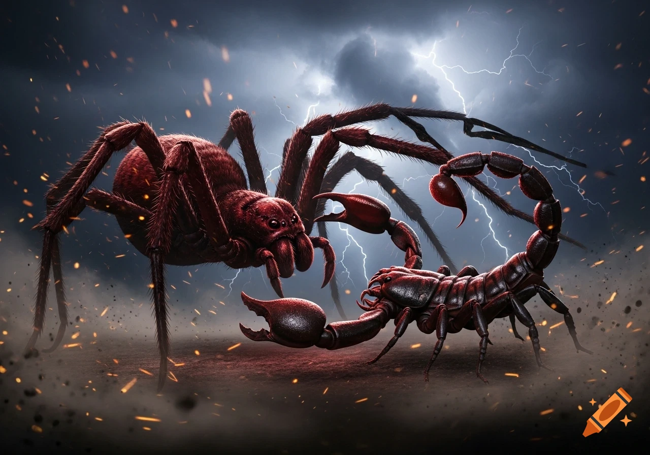 A colossal red spider and a deadly black scorpion in an epic cinematic showdown with lightning in a stormy dark sky.